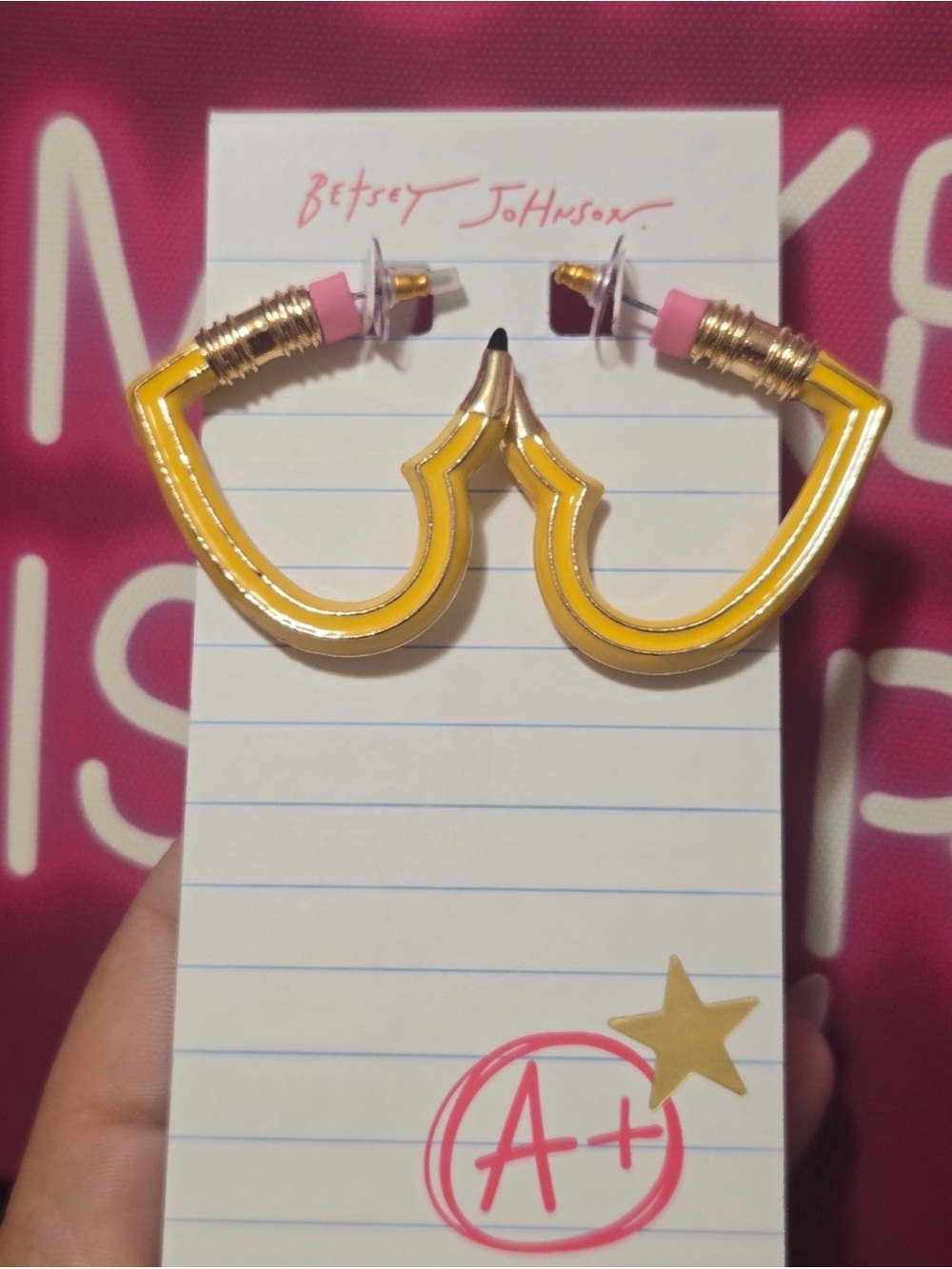 NWT Betsey Johnson Yellow Pencil Heart Hoop Earrings Fun And Stylish. Retail 68$